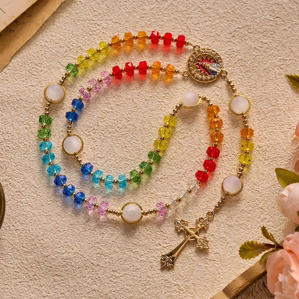 SolaceBeads Rainbow Crystal Rosary With Aparecida Centerpiece &amp; Crucifix: Blessing in Colorful Light - Rainbow Tone - image 0