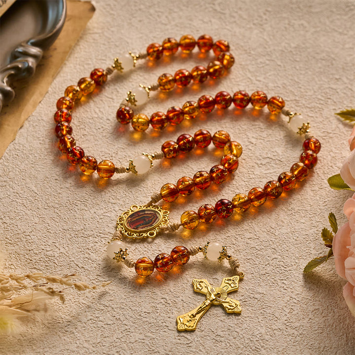 SolaceBeads Star &amp; White Jade Artistic Rosary With Guadalupe &amp; Crucifix: Cozy Autumn Faith - image 6