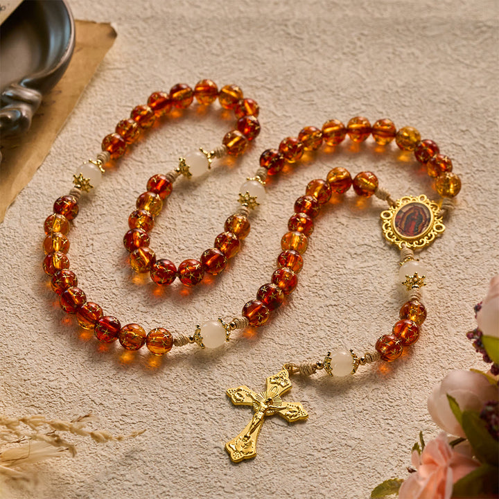 SolaceBeads Star &amp; White Jade Artistic Rosary With Guadalupe &amp; Crucifix: Cozy Autumn Faith - image 8