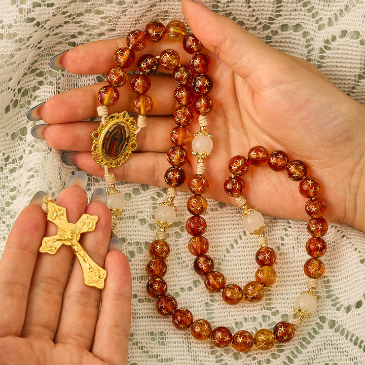 SolaceBeads Star &amp; White Jade Artistic Rosary With Guadalupe &amp; Crucifix: Cozy Autumn Faith - image 1