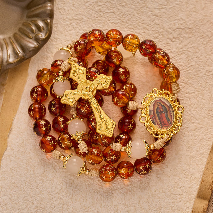 SolaceBeads Star &amp; White Jade Artistic Rosary With Guadalupe &amp; Crucifix: Cozy Autumn Faith - image 5