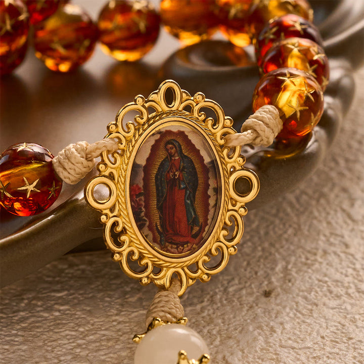 SolaceBeads Star &amp; White Jade Artistic Rosary With Guadalupe &amp; Crucifix: Cozy Autumn Faith - image 3