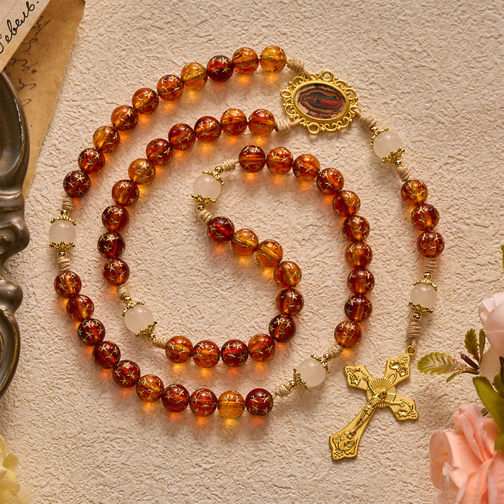 SolaceBeads Star &amp; White Jade Artistic Rosary With Guadalupe &amp; Crucifix: Cozy Autumn Faith - Brown - image 0