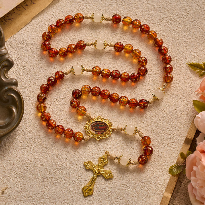 SolaceBeads Star &amp; White Jade Artistic Rosary With Guadalupe &amp; Crucifix: Cozy Autumn Faith - image 7