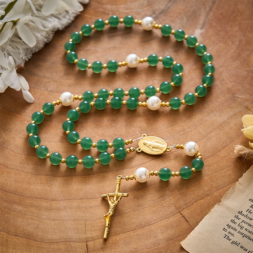 SolaceBeads Green Aventurine &amp; Pearl Rosary With Miraculous Medal &amp; Crucifix: Autumn Faith Devotion - image 7