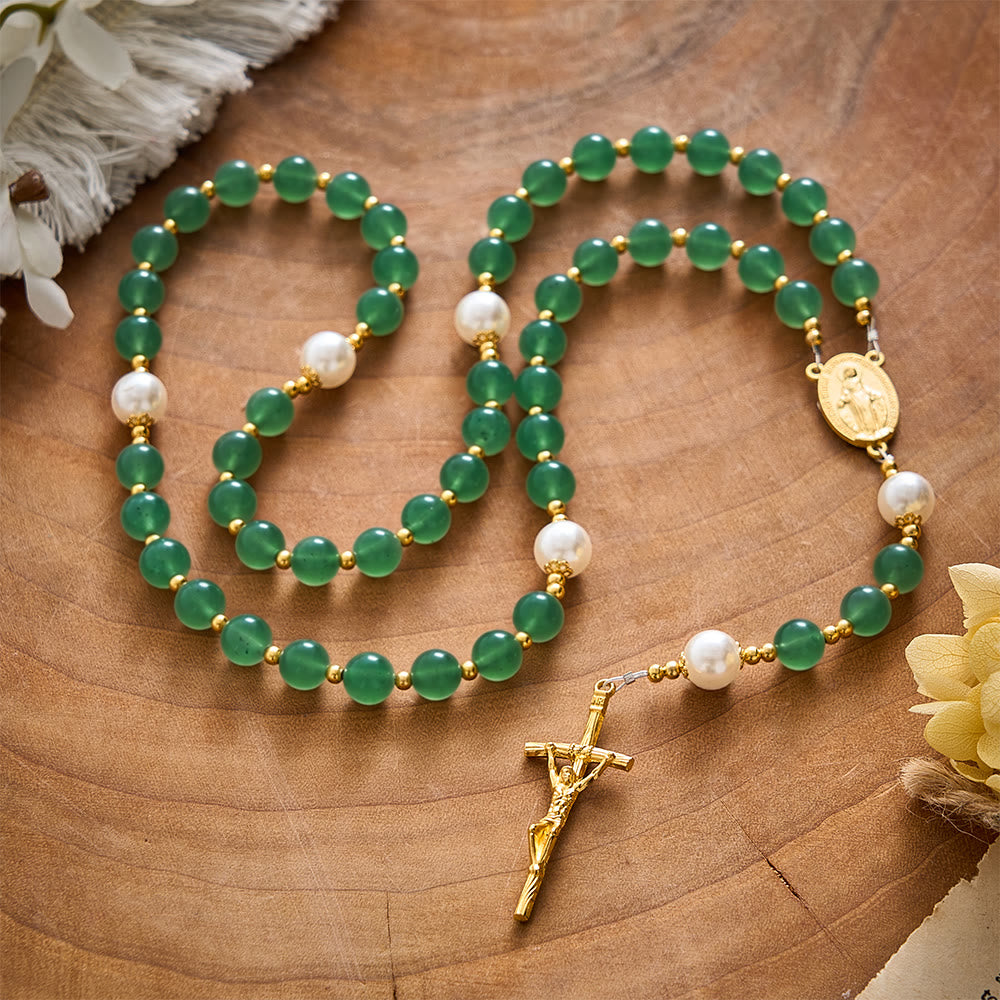 SolaceBeads Green Aventurine &amp; Pearl Rosary With Miraculous Medal &amp; Crucifix: Autumn Faith Devotion - image 8