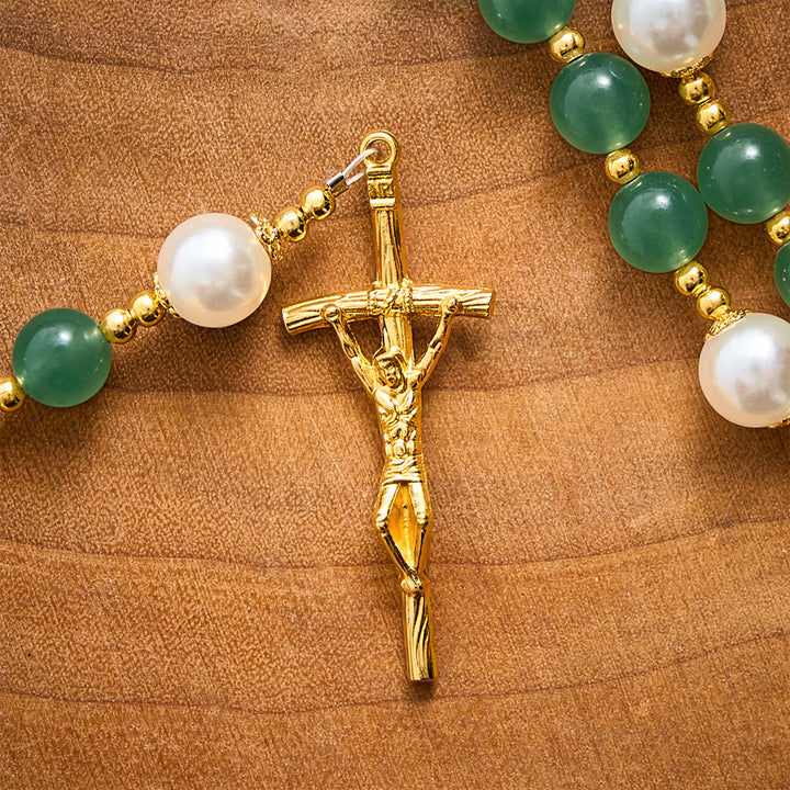 SolaceBeads Green Aventurine &amp; Pearl Rosary With Miraculous Medal &amp; Crucifix: Autumn Faith Devotion - image 3