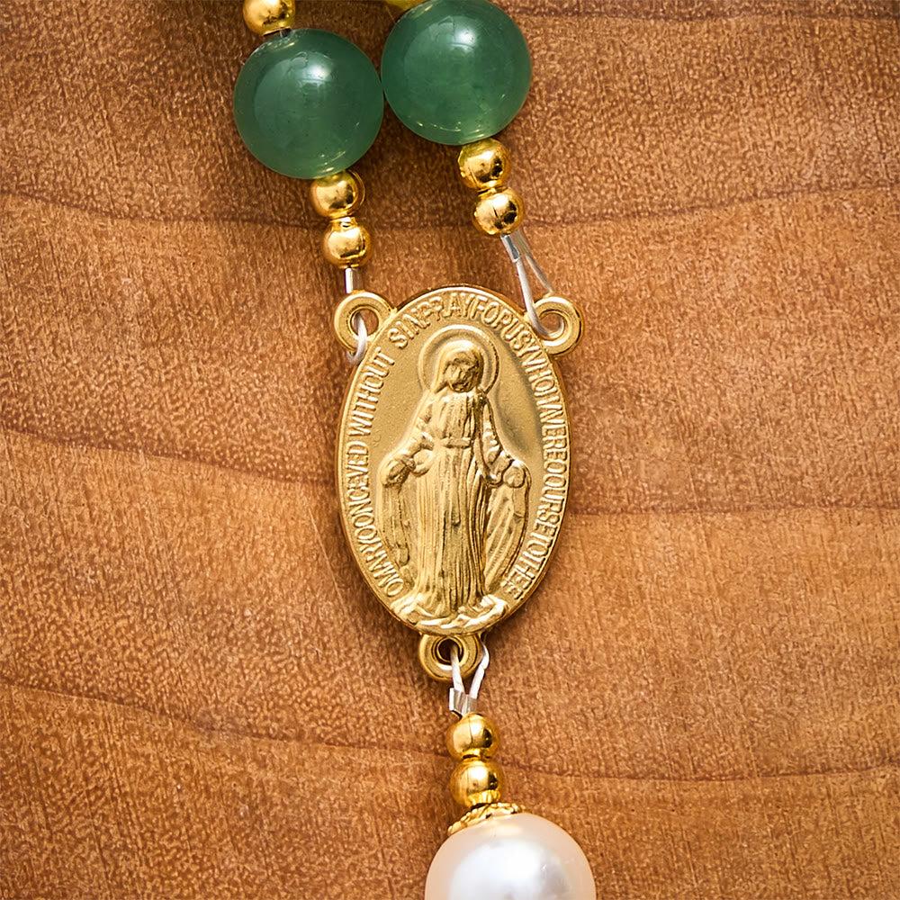 SolaceBeads Green Aventurine &amp; Pearl Rosary With Miraculous Medal &amp; Crucifix: Autumn Faith Devotion - image 2