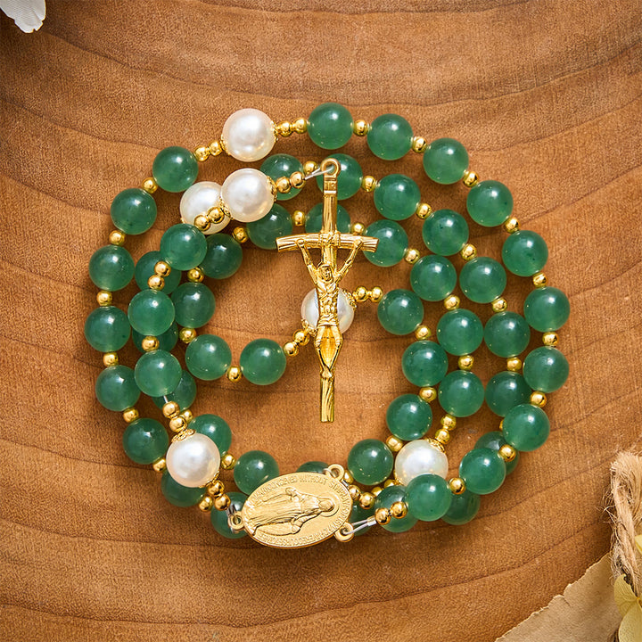SolaceBeads Green Aventurine &amp; Pearl Rosary With Miraculous Medal &amp; Crucifix: Autumn Faith Devotion - image 4