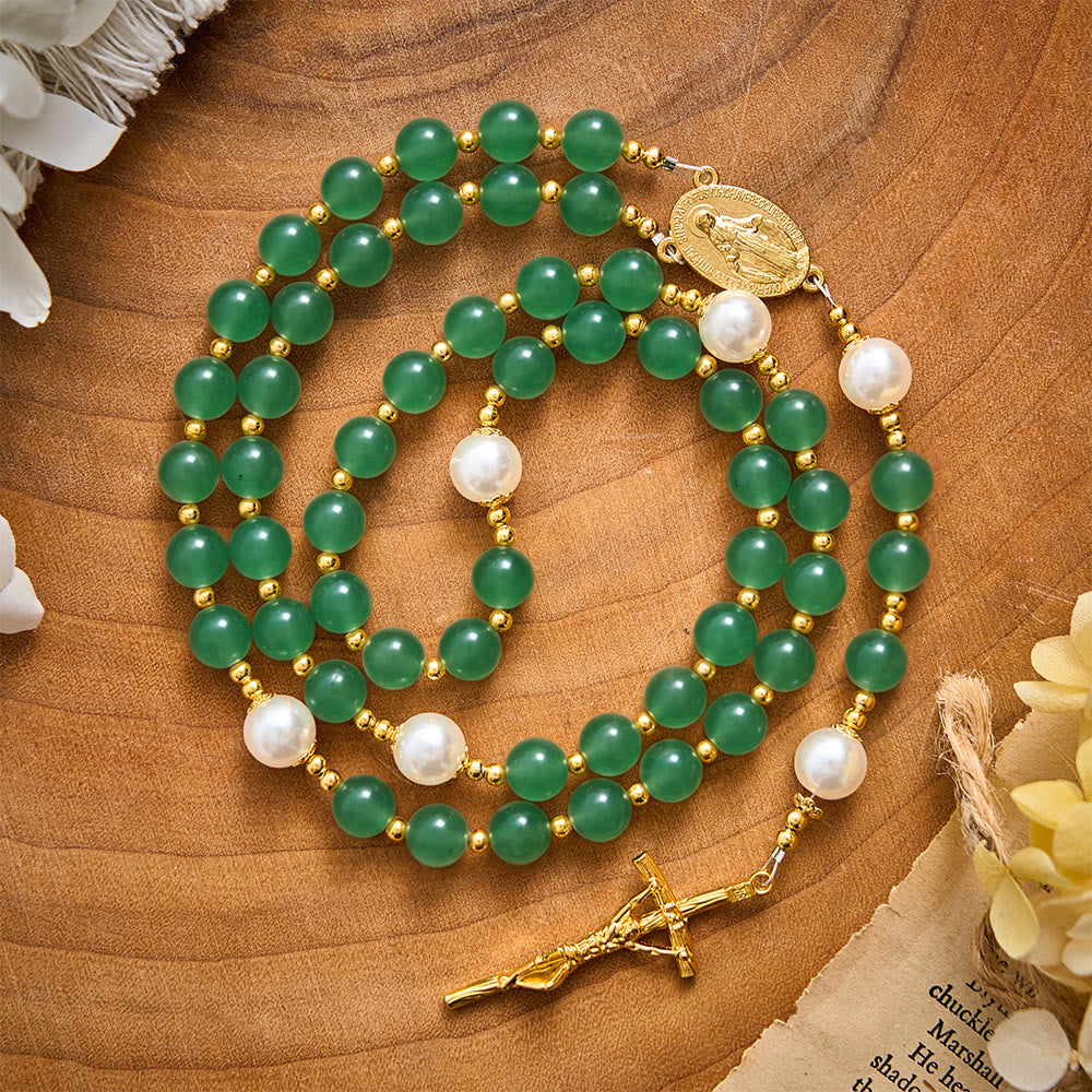 SolaceBeads Green Aventurine & Pearl Rosary With Miraculous Medal & Crucifix: Autumn Faith Devotion - Green Aventurine - image 0