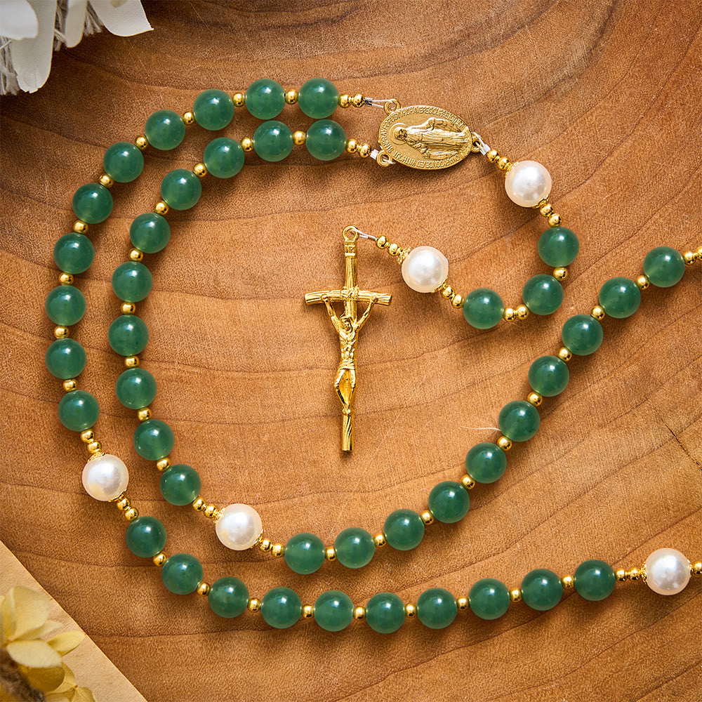 SolaceBeads Green Aventurine &amp; Pearl Rosary With Miraculous Medal &amp; Crucifix: Autumn Faith Devotion - image 5