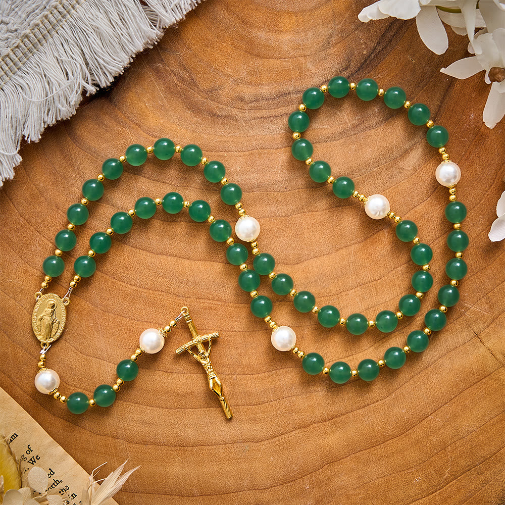 SolaceBeads Green Aventurine &amp; Pearl Rosary With Miraculous Medal &amp; Crucifix: Autumn Faith Devotion - image 6