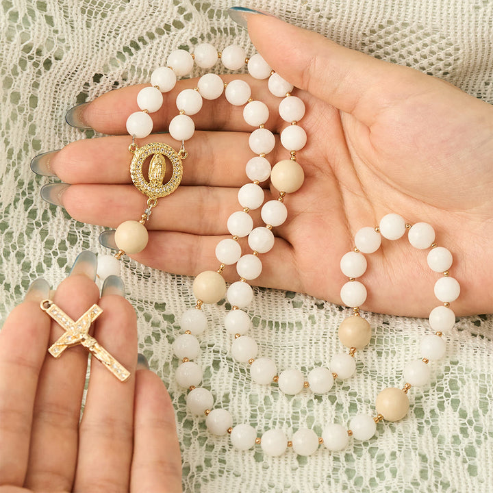 SolaceBeads Natural Porcelain White &amp; Beige Stone Rosary: Autumn Grace &amp; Gratitude for Daily Meditation - image 1
