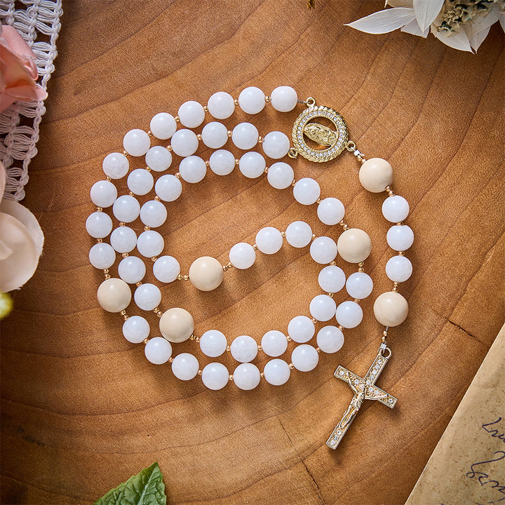 SolaceBeads Natural Porcelain White &amp; Beige Stone Rosary: Autumn Grace &amp; Gratitude for Daily Meditation - image 0