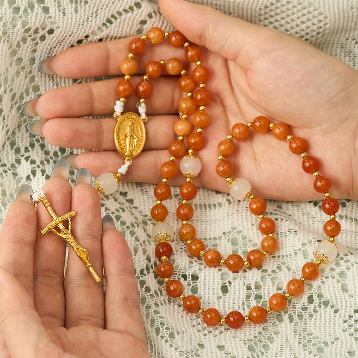 SolaceBeads Natural Orange Chalcedony &amp; White Jade Stone Rosary: Cozy Autumn Grace &amp; Gratitude - image 1