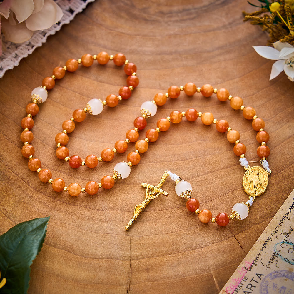SolaceBeads Natural Orange Chalcedony &amp; White Jade Stone Rosary: Cozy Autumn Grace &amp; Gratitude - image 2