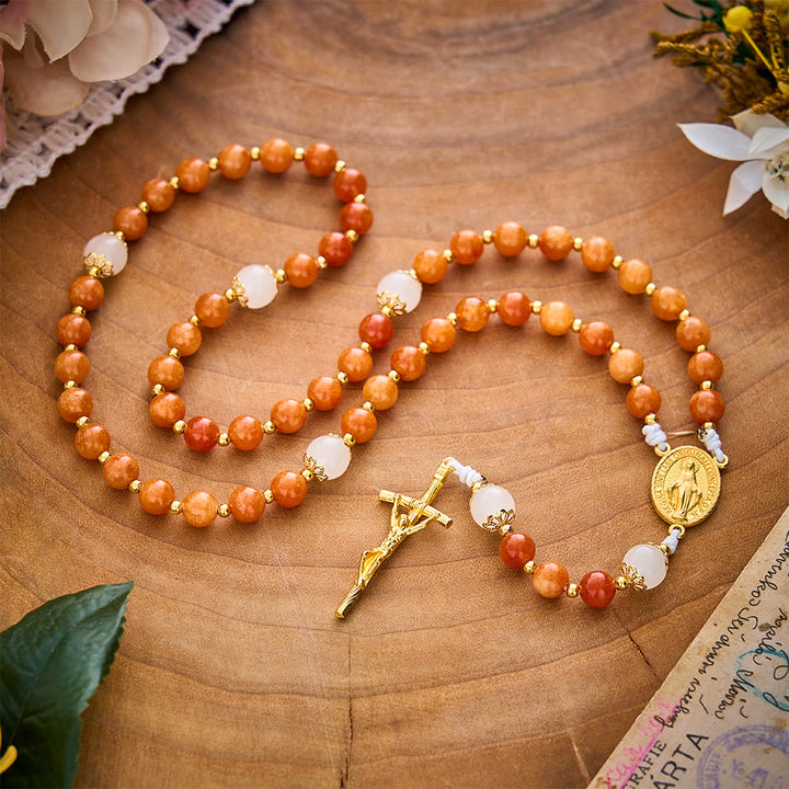 SolaceBeads Natural Orange Chalcedony &amp; White Jade Stone Rosary: Cozy Autumn Grace &amp; Gratitude - image 2