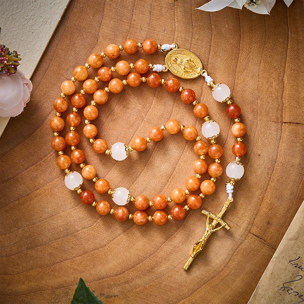 SolaceBeads Natural Orange Chalcedony &amp; White Jade Stone Rosary: Cozy Autumn Grace &amp; Gratitude - Orange - image 0