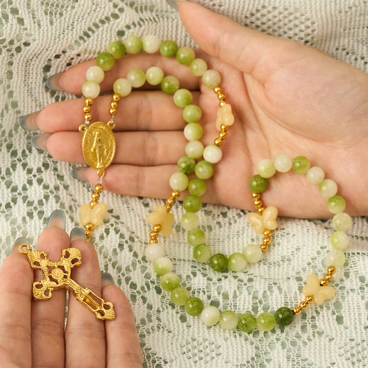 SolaceBeads Natural Green Cream Stone &amp; Butterfly Rosary: Harvest Grace &amp; Hope - image 1