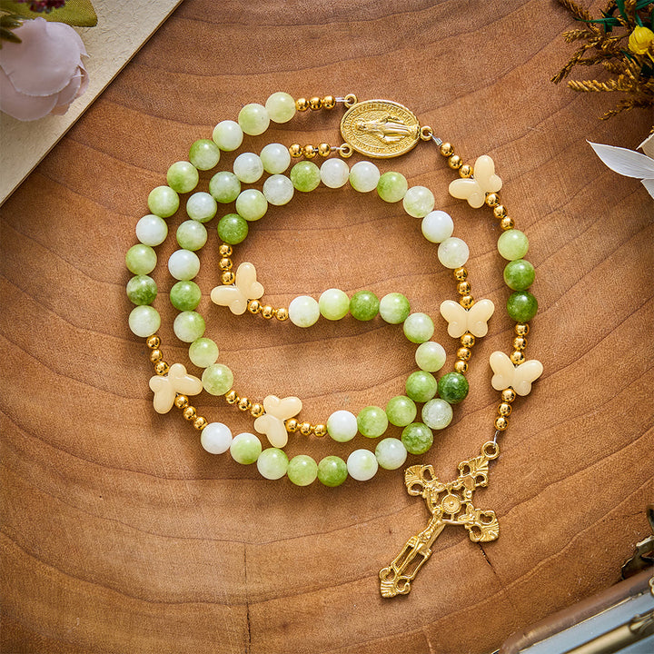 SolaceBeads Natural Green Cream Stone &amp; Butterfly Rosary: Harvest Grace &amp; Hope - Green - image 0
