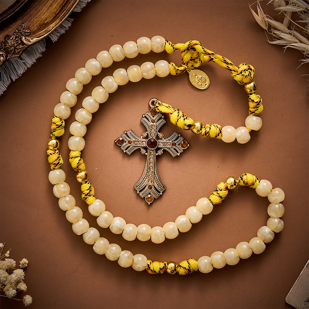 SolaceBeads Yellow Beads Artistic Rosary with Miraculous Medal: A Sacred Blessing of Grace and Gratitude - Amber - image 0