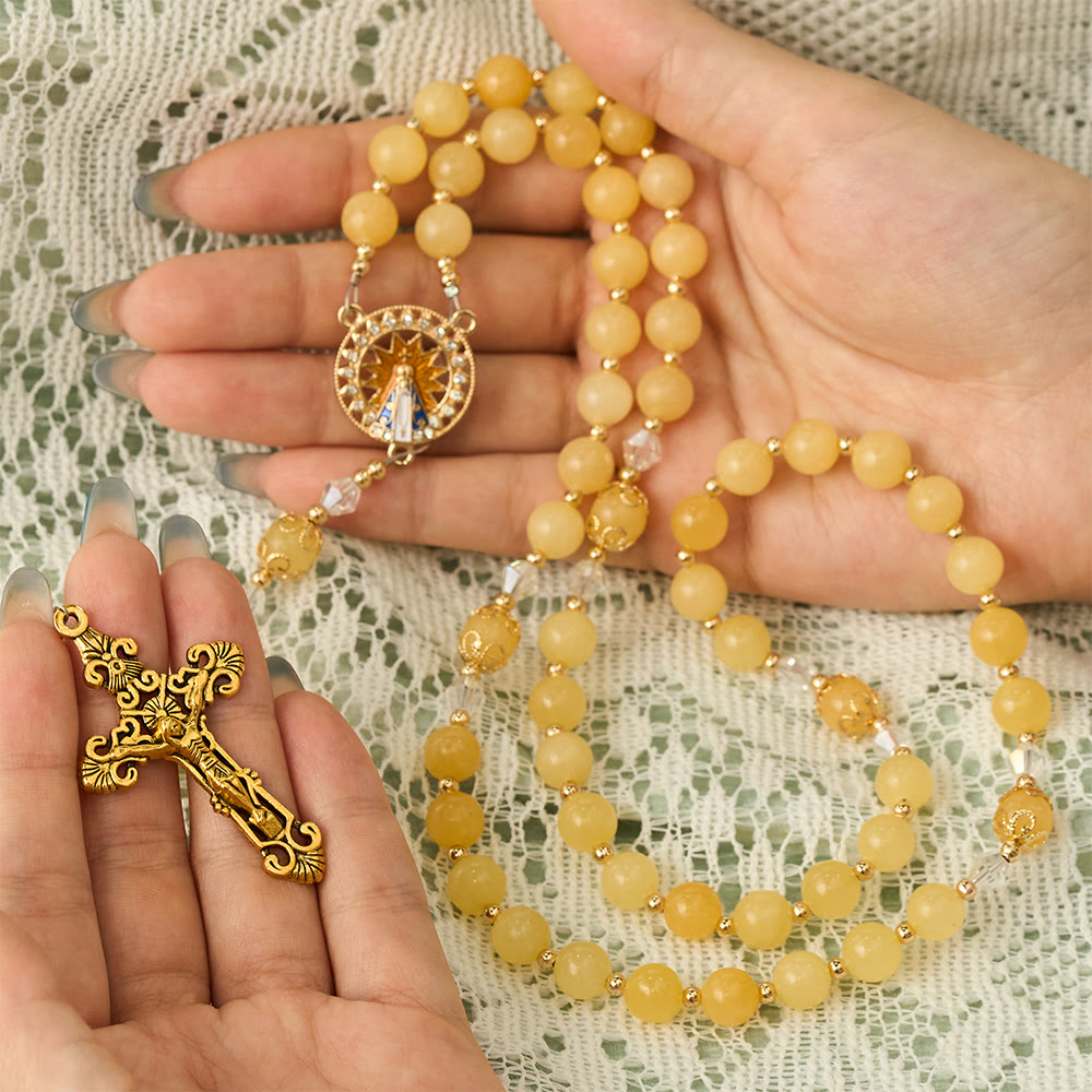 SolaceBeads Yellow Jade Stone Rosary With Our Lady of Aparecida Medal &amp; Crucifix: Thanksgiving Gift - image 1