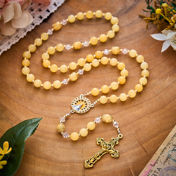 SolaceBeads Yellow Jade Stone Rosary With Our Lady of Aparecida Medal &amp; Crucifix: Thanksgiving Gift - image 9