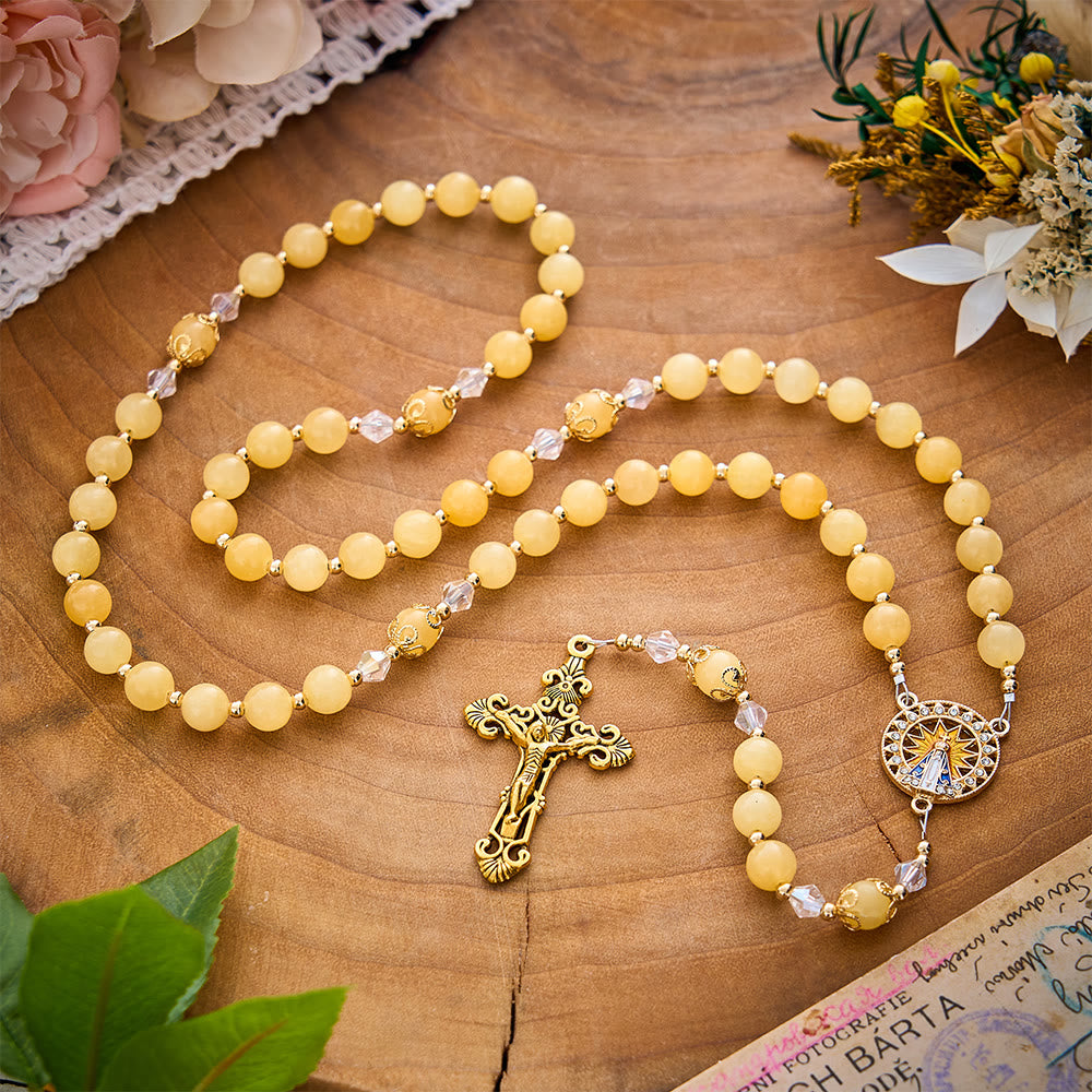 SolaceBeads Yellow Jade Stone Rosary With Our Lady of Aparecida Medal &amp; Crucifix: Thanksgiving Gift - image 8