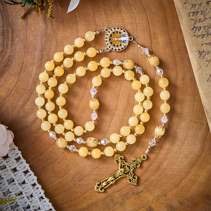 SolaceBeads Yellow Jade Stone Rosary With Our Lady of Aparecida Medal &amp; Crucifix: Thanksgiving Gift - Yellow Jade - image 0