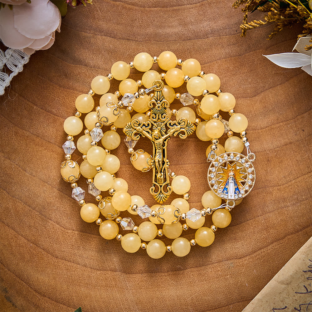 SolaceBeads Yellow Jade Stone Rosary With Our Lady of Aparecida Medal &amp; Crucifix: Thanksgiving Gift - image 5