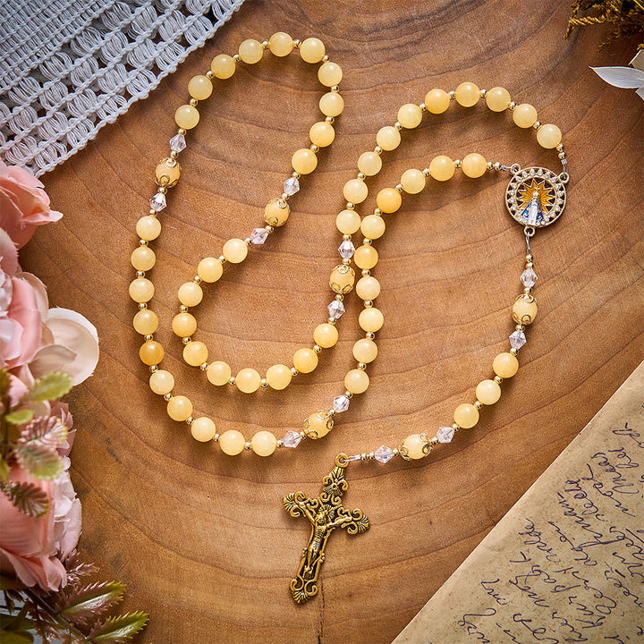 SolaceBeads Yellow Jade Stone Rosary With Our Lady of Aparecida Medal &amp; Crucifix: Thanksgiving Gift - image 7