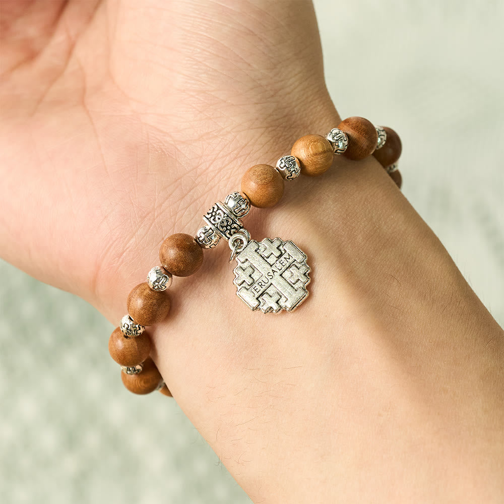 SolaceBeads Natural Peach Wood Beads Prayer Bracelet with Jerusalem Cross: Daily Strength &amp; Faith - image 1