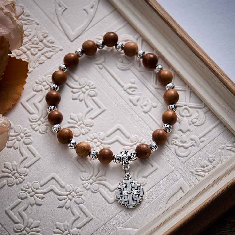 SolaceBeads Natural Peach Wood Beads Prayer Bracelet with Jerusalem Cross: Daily Strength &amp; Faith - image 3