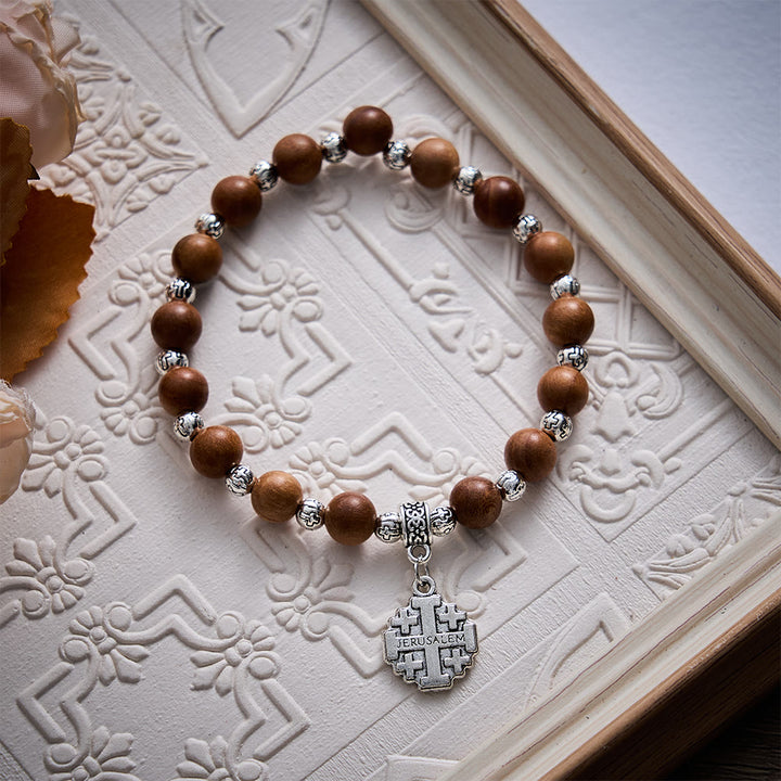 SolaceBeads Natural Peach Wood Beads Prayer Bracelet with Jerusalem Cross: Daily Strength &amp; Faith - image 3