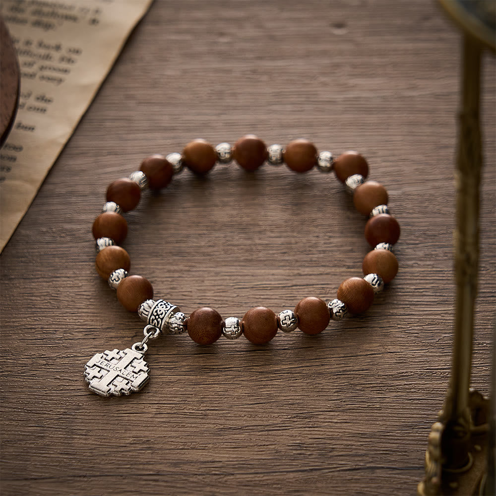 SolaceBeads Natural Peach Wood Beads Prayer Bracelet with Jerusalem Cross: Daily Strength &amp; Faith - Peach Wood - image 0