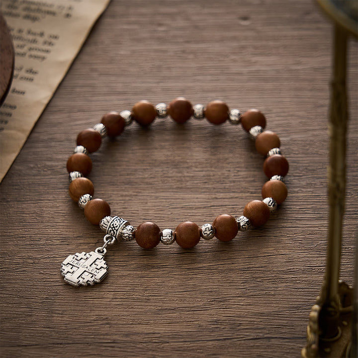 SolaceBeads Natural Peach Wood Beads Prayer Bracelet with Jerusalem Cross: Daily Strength &amp; Faith - Peach Wood - image 0