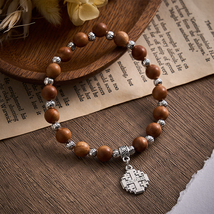 SolaceBeads Natural Peach Wood Beads Prayer Bracelet with Jerusalem Cross: Daily Strength &amp; Faith - image 2
