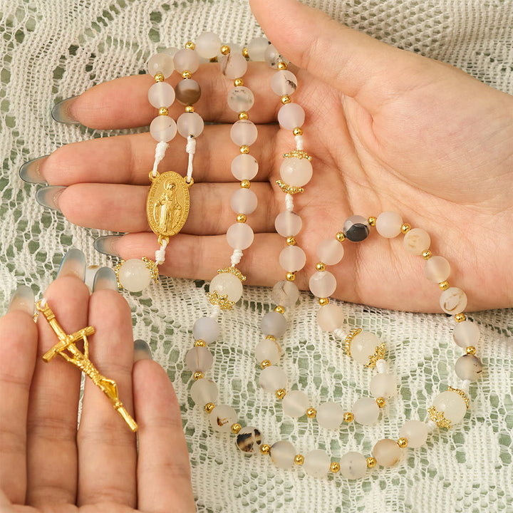 SolaceBeads Frosted Blossom Agate Rosary With Miraculous Medal &amp; Crucifix: Serenity in Soft Texture - image 1