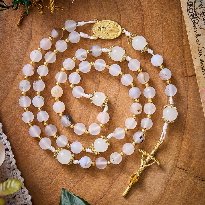 SolaceBeads Frosted Blossom Agate Rosary With Miraculous Medal &amp; Crucifix: Serenity in Soft Texture - Frosted Blossom Agate - image 0