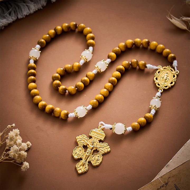 SolaceBeads Tiger Eye Glass &amp; White Glass Rosary With Pardon Crucifix: Warmth in Autumn Grain - Yellow Tiger Eye - image 0