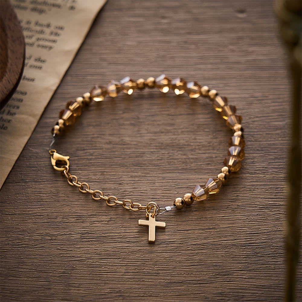 SolaceBeads Warm Autumn Champagne Faceted Glass Bracelet With Cross: Thanksgiving Gift For Her - image 6