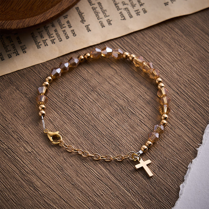 SolaceBeads Warm Autumn Champagne Faceted Glass Bracelet With Cross: Thanksgiving Gift For Her - Silver-Champagne - image 0