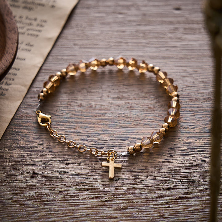 SolaceBeads Warm Autumn Champagne Faceted Glass Bracelet With Cross: Thanksgiving Gift For Her - image 5