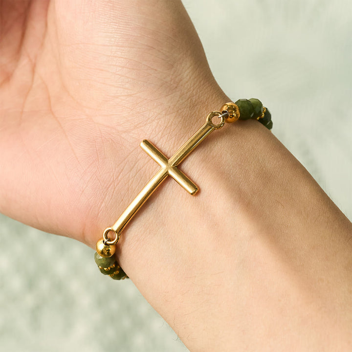SolaceBeads Southern Jade Autumn Thanksgiving Faith Bracelet With Cross: Calm In Deep Green Vein - image 1