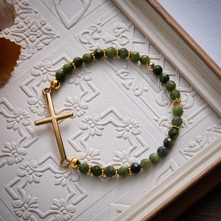 SolaceBeads Southern Jade Autumn Thanksgiving Faith Bracelet With Cross: Calm In Deep Green Vein - image 6