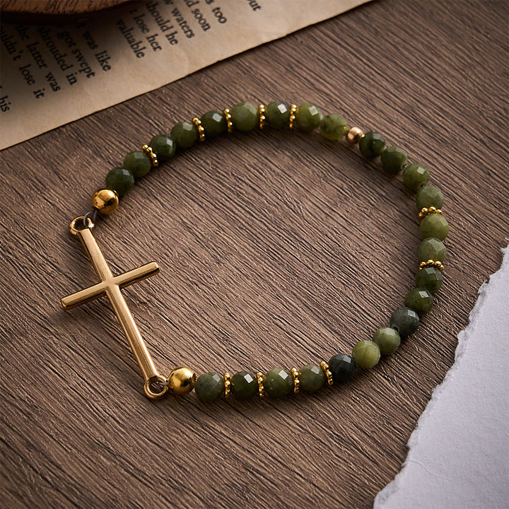 SolaceBeads Southern Jade Autumn Thanksgiving Faith Bracelet With Cross: Calm In Deep Green Vein - Southern Jade - image 0