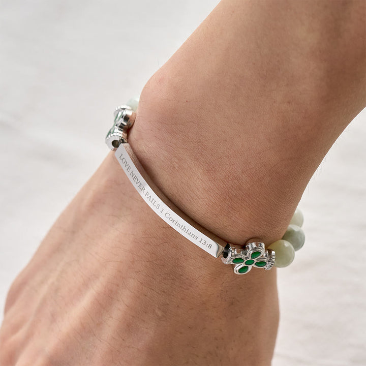 SolaceBeads "LOVE NEVER FAILS 1 Corinthians 13:8" Engraved Natural Hetian Jade Bracelet - image 1