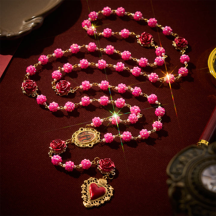 SolaceBeads Sparkling Rose Pink Rhinestone Rosary with Sacred Heart Pendant: Radiant Grace for Your Daily - Pink - image 0