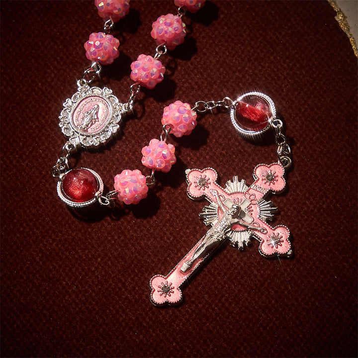 SolaceBeads Pink Rhinestone with Cat Eye Beads Miraculous Rosary: Soft Light, Faith renewed - image 6