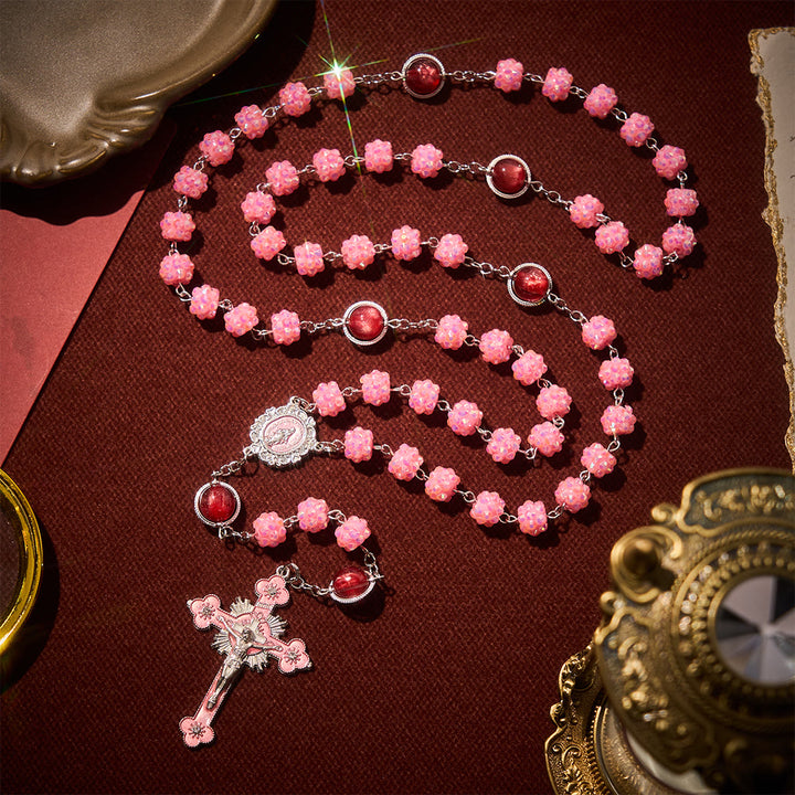 SolaceBeads Pink Rhinestone with Cat Eye Beads Miraculous Rosary: Soft Light, Faith renewed - image 1